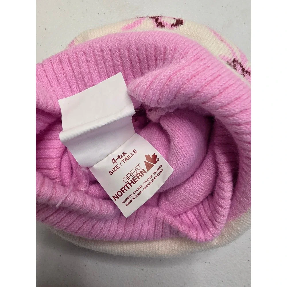Great Northern Kids Pink Bow Knit Beanie Pom Pom Hat Cream Size 4-6x